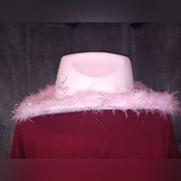 Pink Bling Bride Cowboy Hat with Feather Boa Around Edge NWT - Picture 3 of 5
